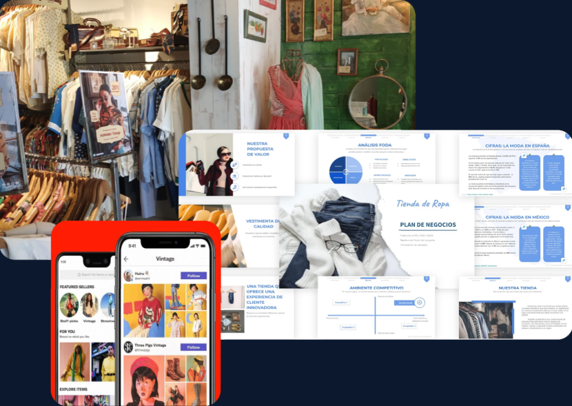 images of an app and website example and pictures of a clothing shop