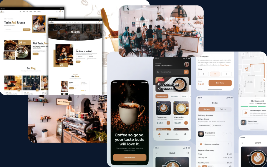 images of an app and website example and pictures of a coffee shop